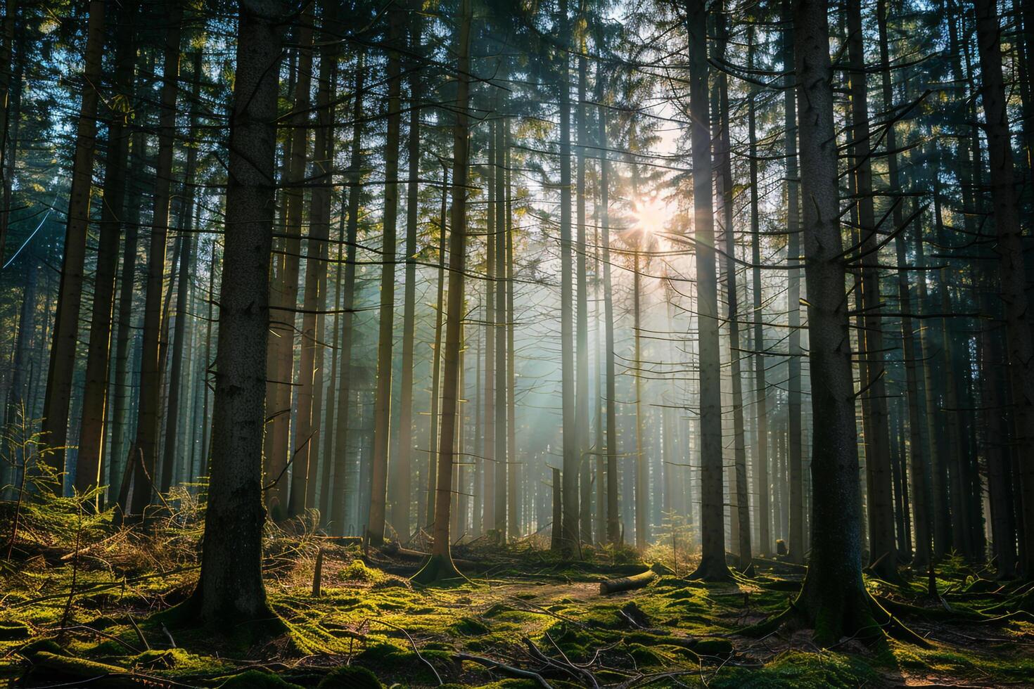 Sunlight shining through the trees in a forest background photo