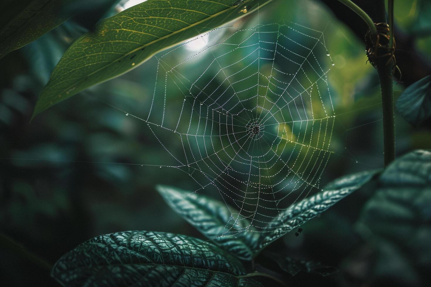 Spider web in the middle of a green plant background photo