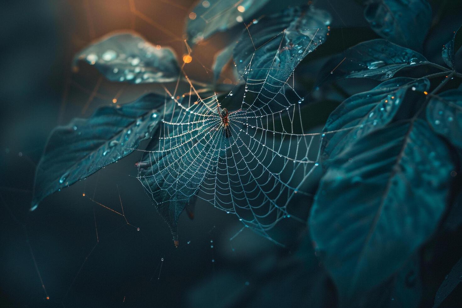Spider web hanging from a leaf background photo