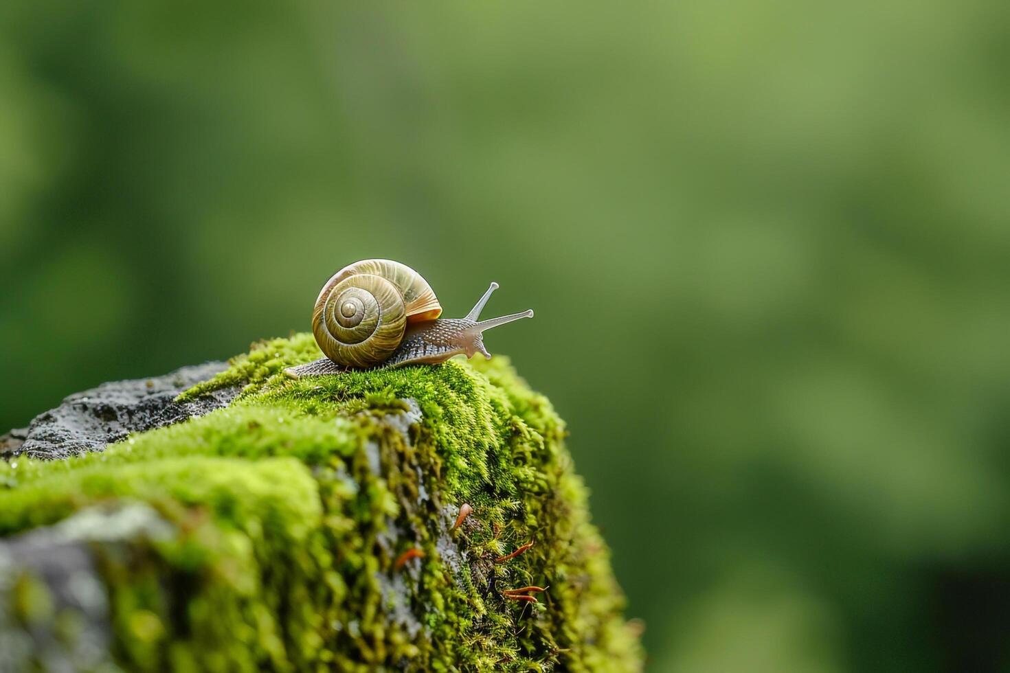 Snail crawling on top of a mossy rock background photo