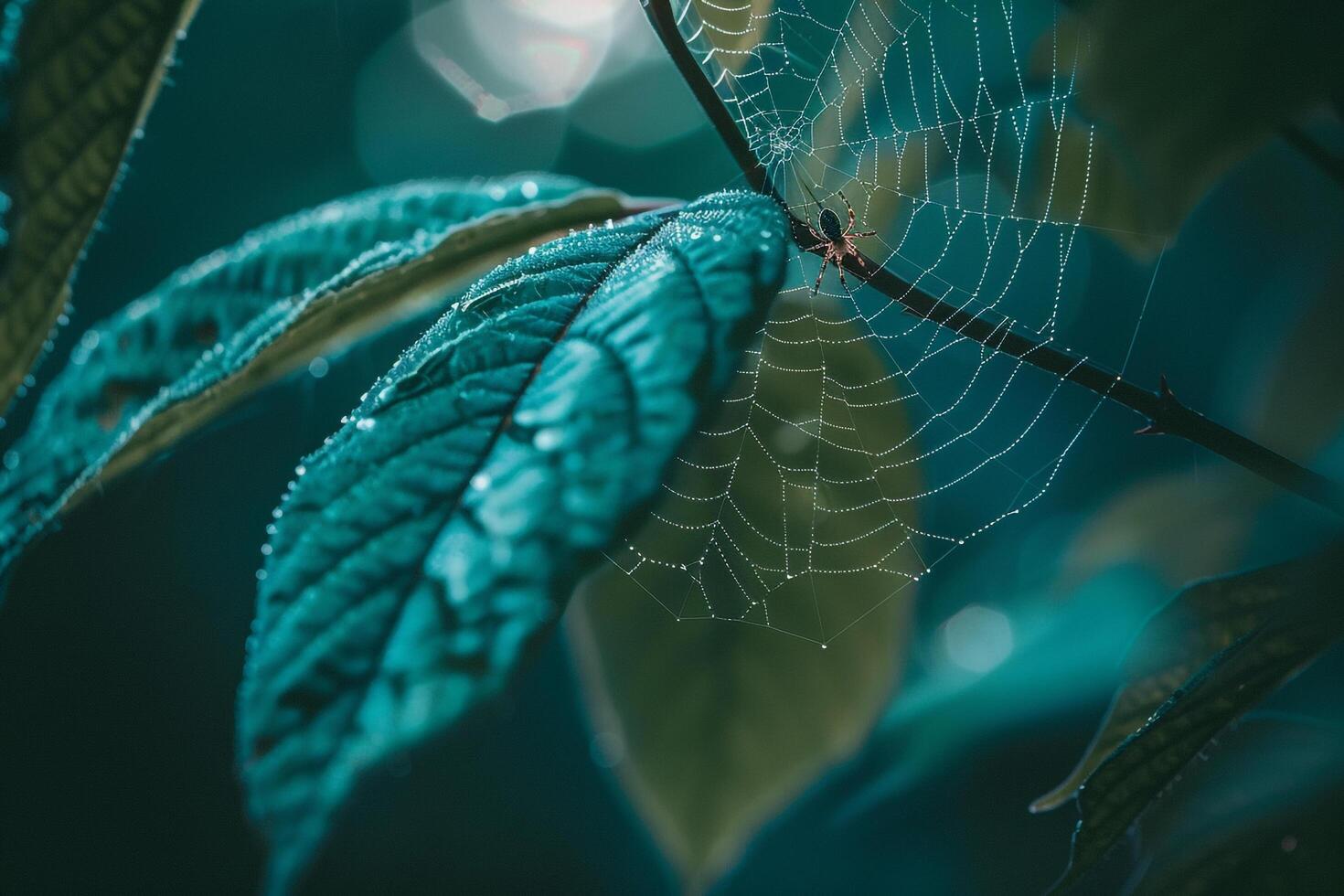 Spider web hanging from a leaf background photo
