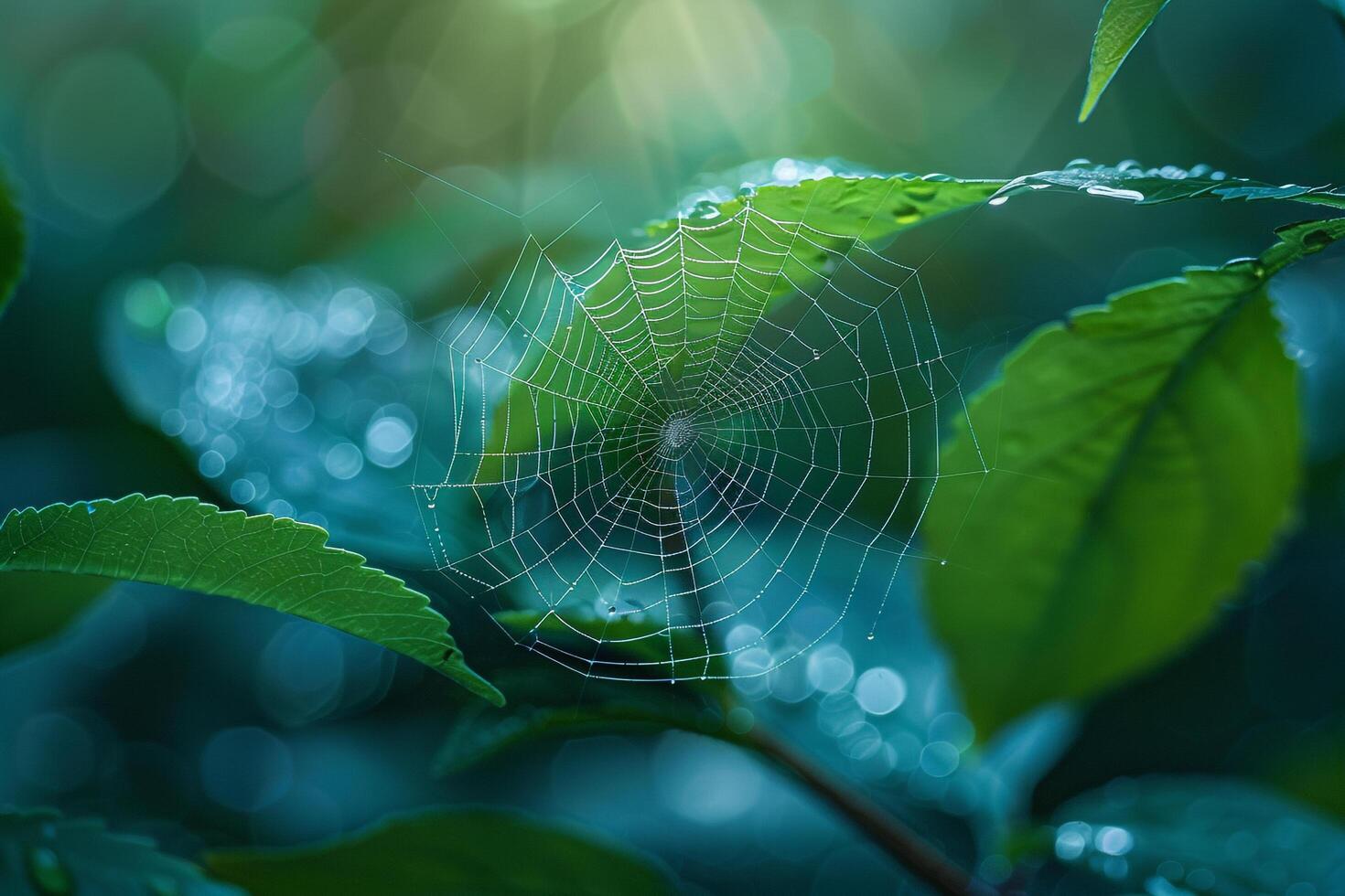 Spider web shown in the middle of a leaf background photo