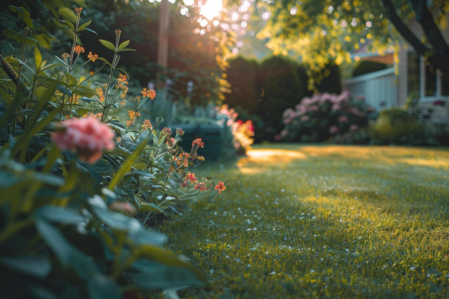 A garden with flowers and grass background photo