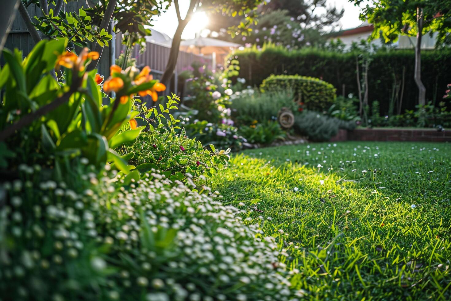 a garden with flowers and grass and a nature background photo