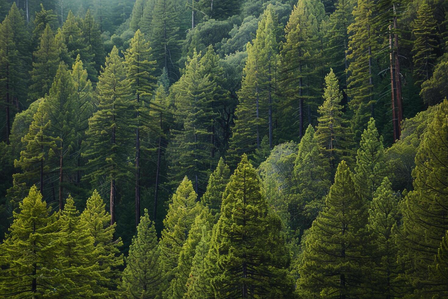 A forest of tall trees with a green sky background photo