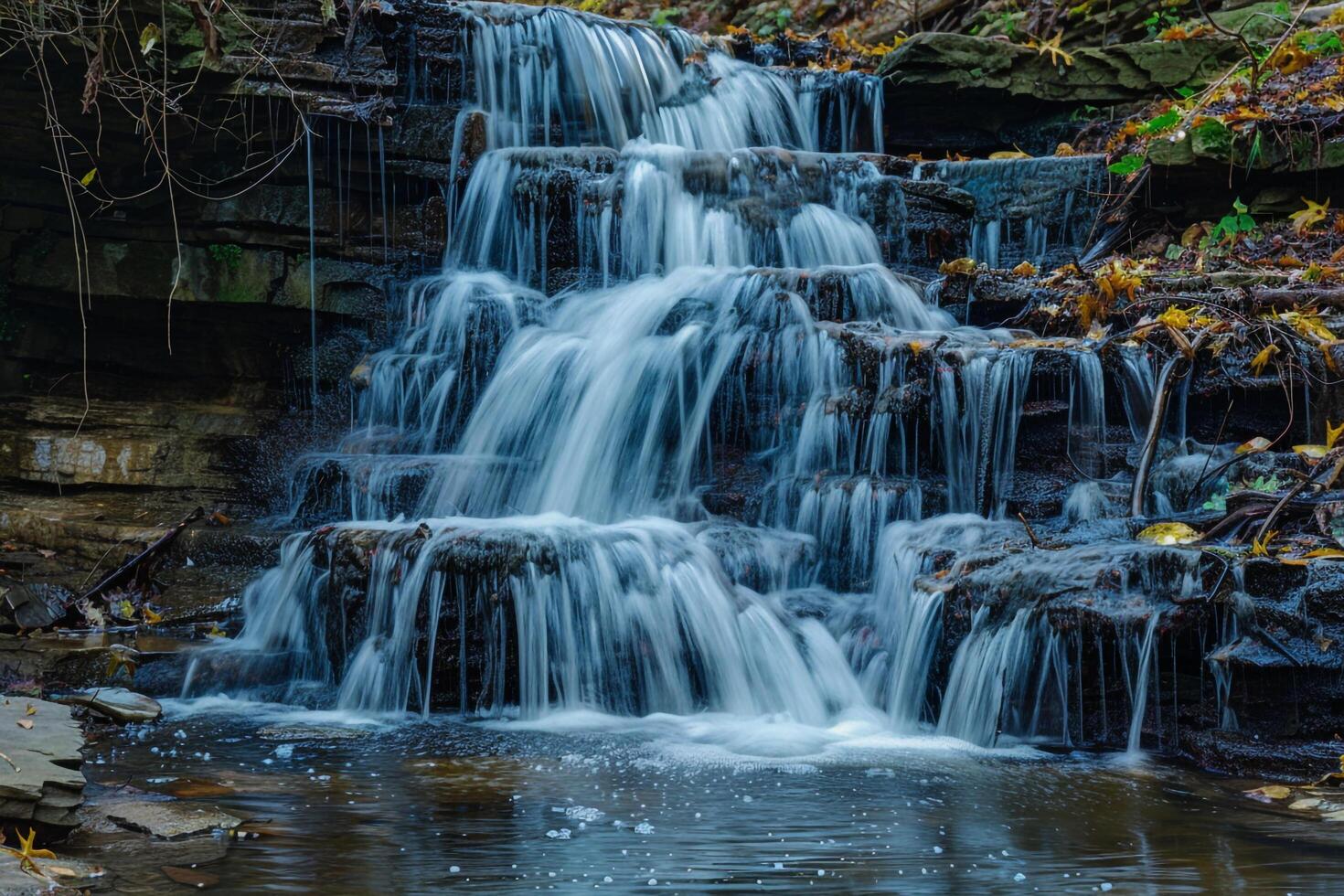 a waterfall is flowing down a rocky hillside background photo