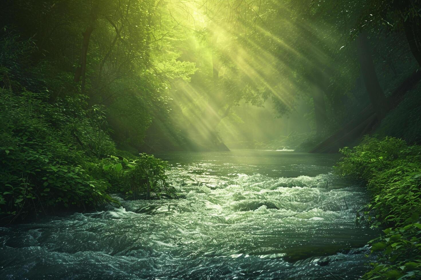 a river in the forest with sunlight shining down on it background photo