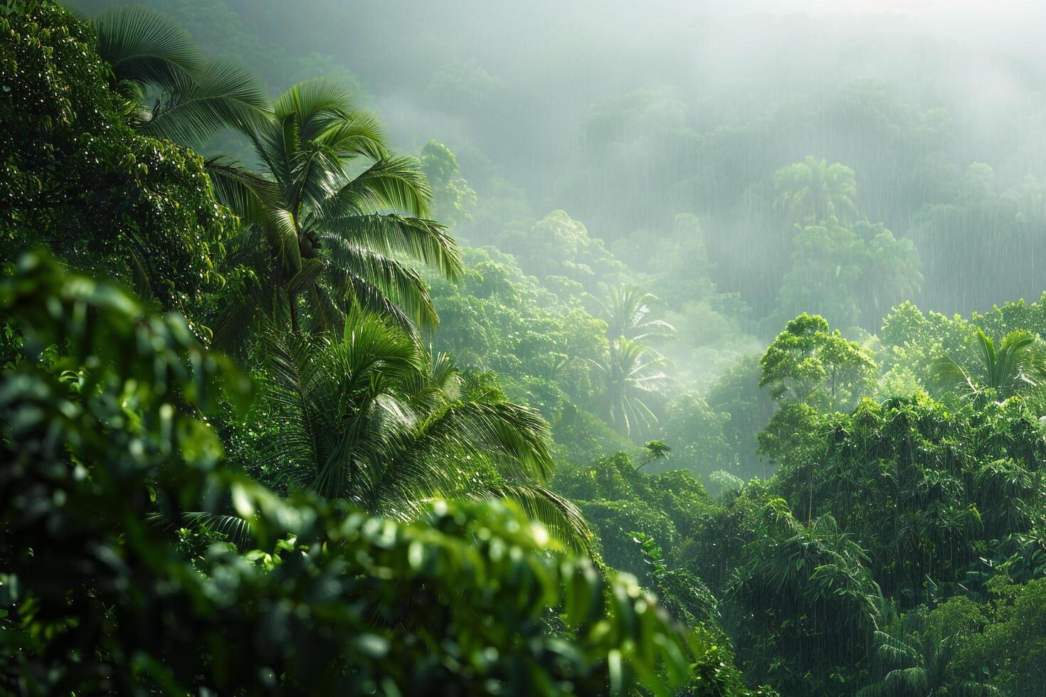 a tropical forest with lots of green trees background photo