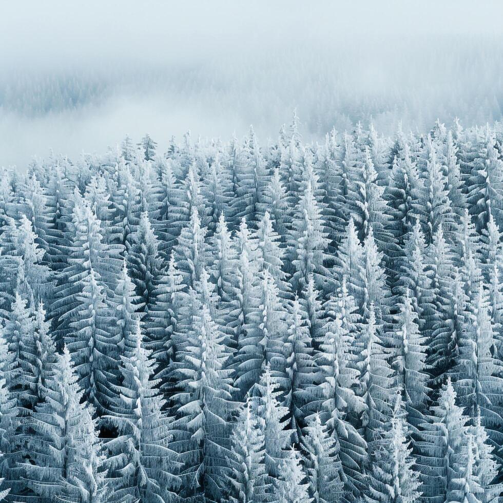 frosty trees in the mountains background photo