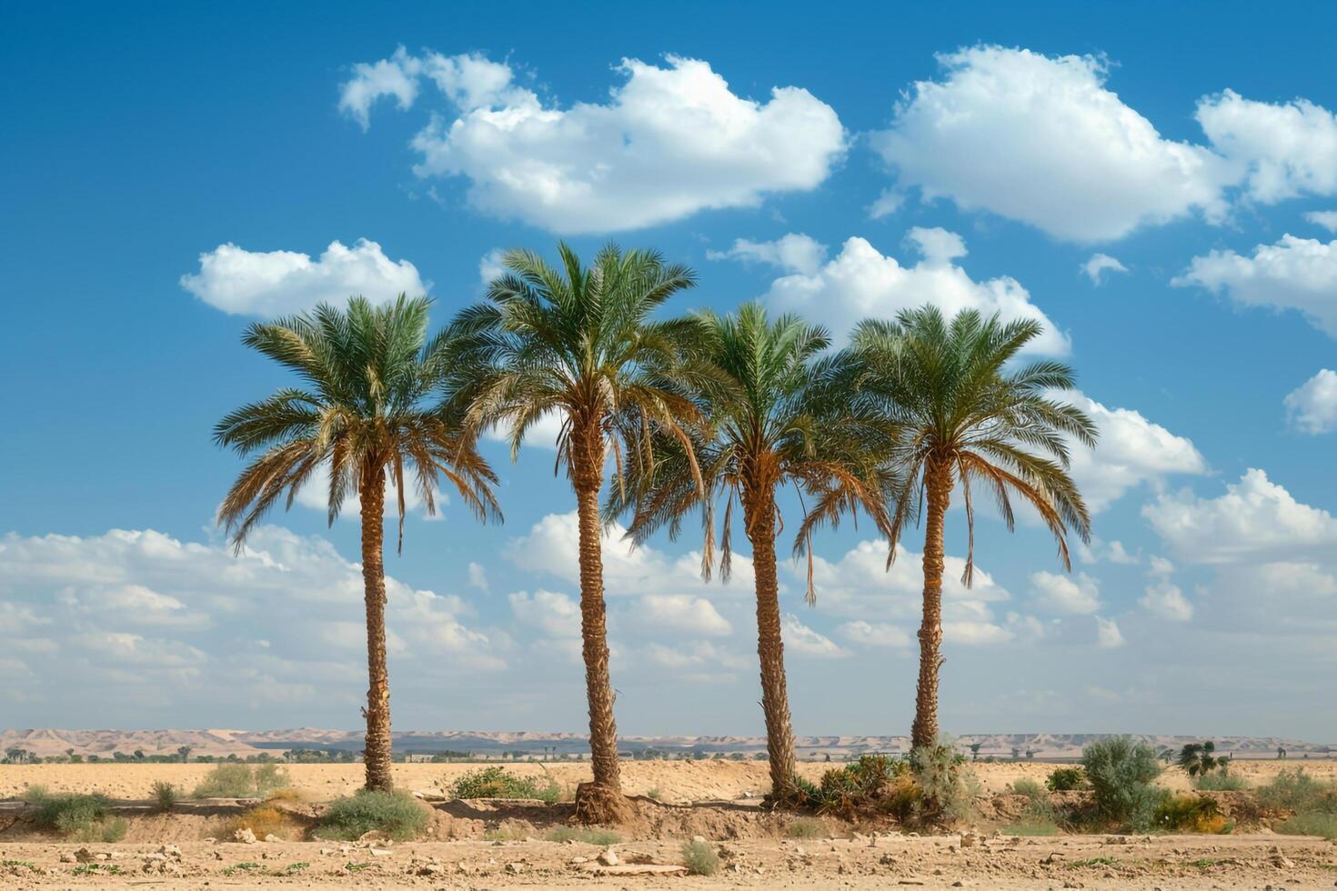 three palm trees stand in the middle of an arid desert background photo