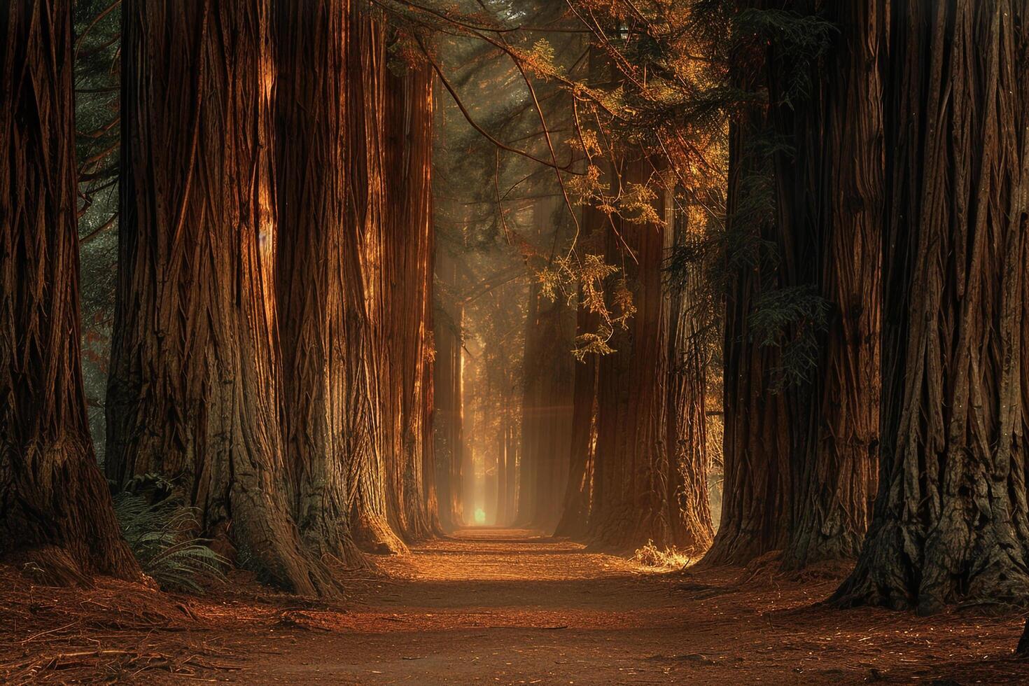a path through the woods with trees and sun background photo