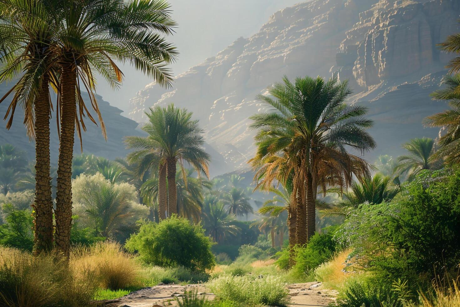 a path through a desert with palm trees and rocks background photo