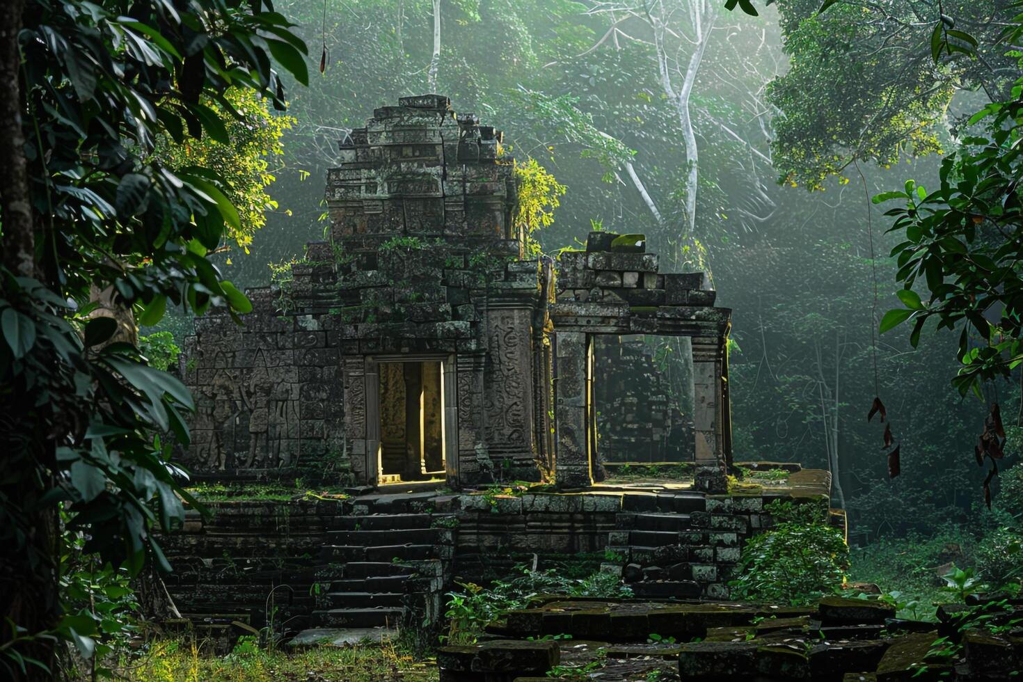 an ancient temple in the jungle background photo