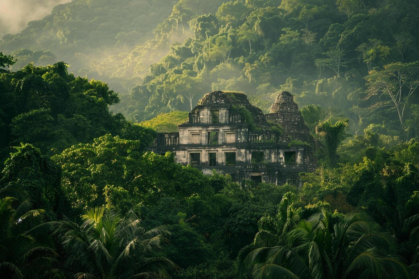 an ancient temple sits in the middle of a jungle background photo