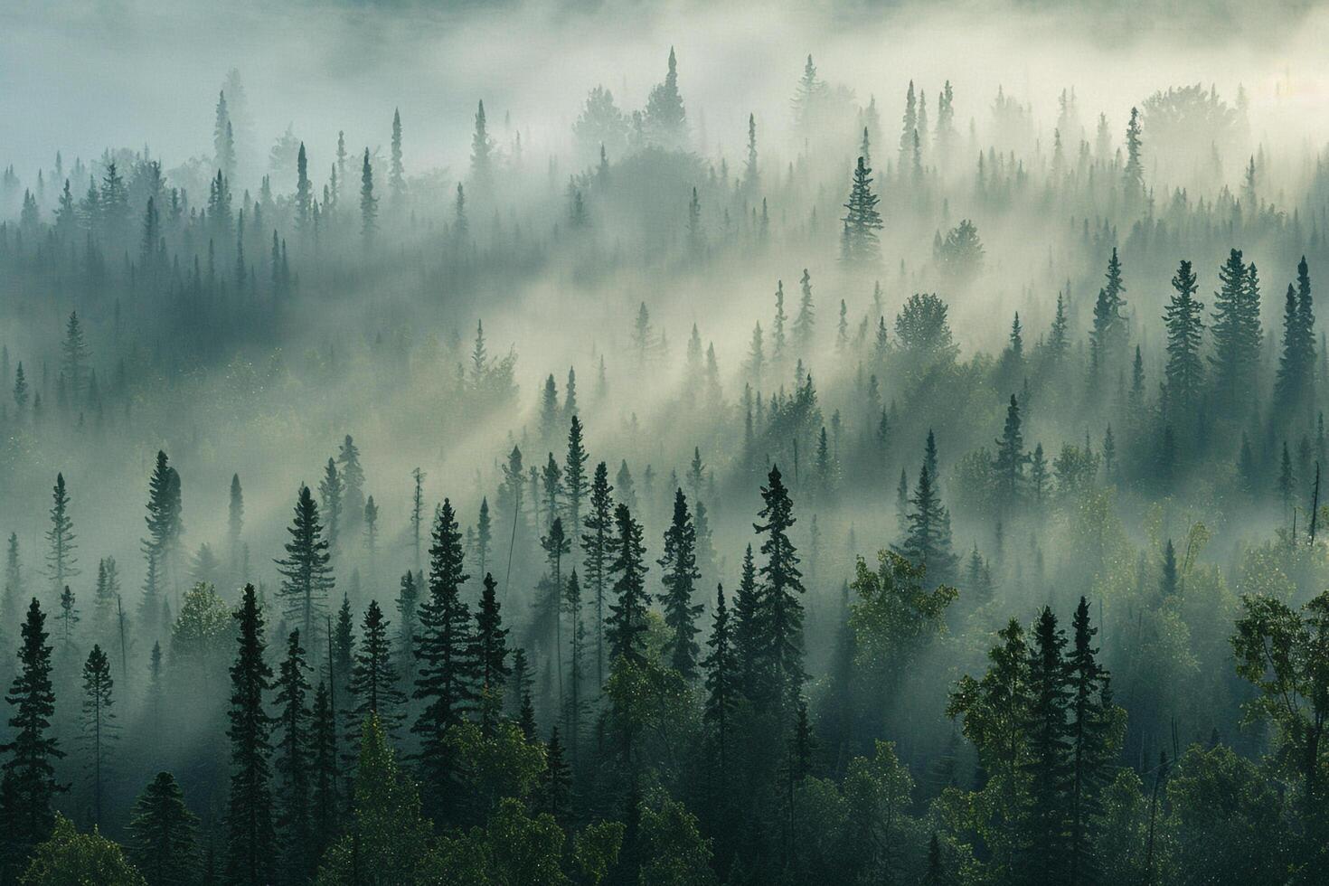a foggy forest with trees and a plane background photo