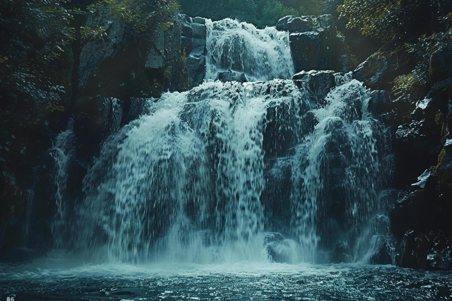 a waterfall is shown in the dark with the sun shining background photo