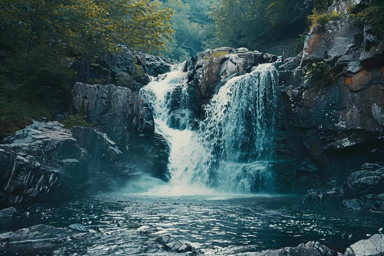 a waterfall is shown in a forest background photo
