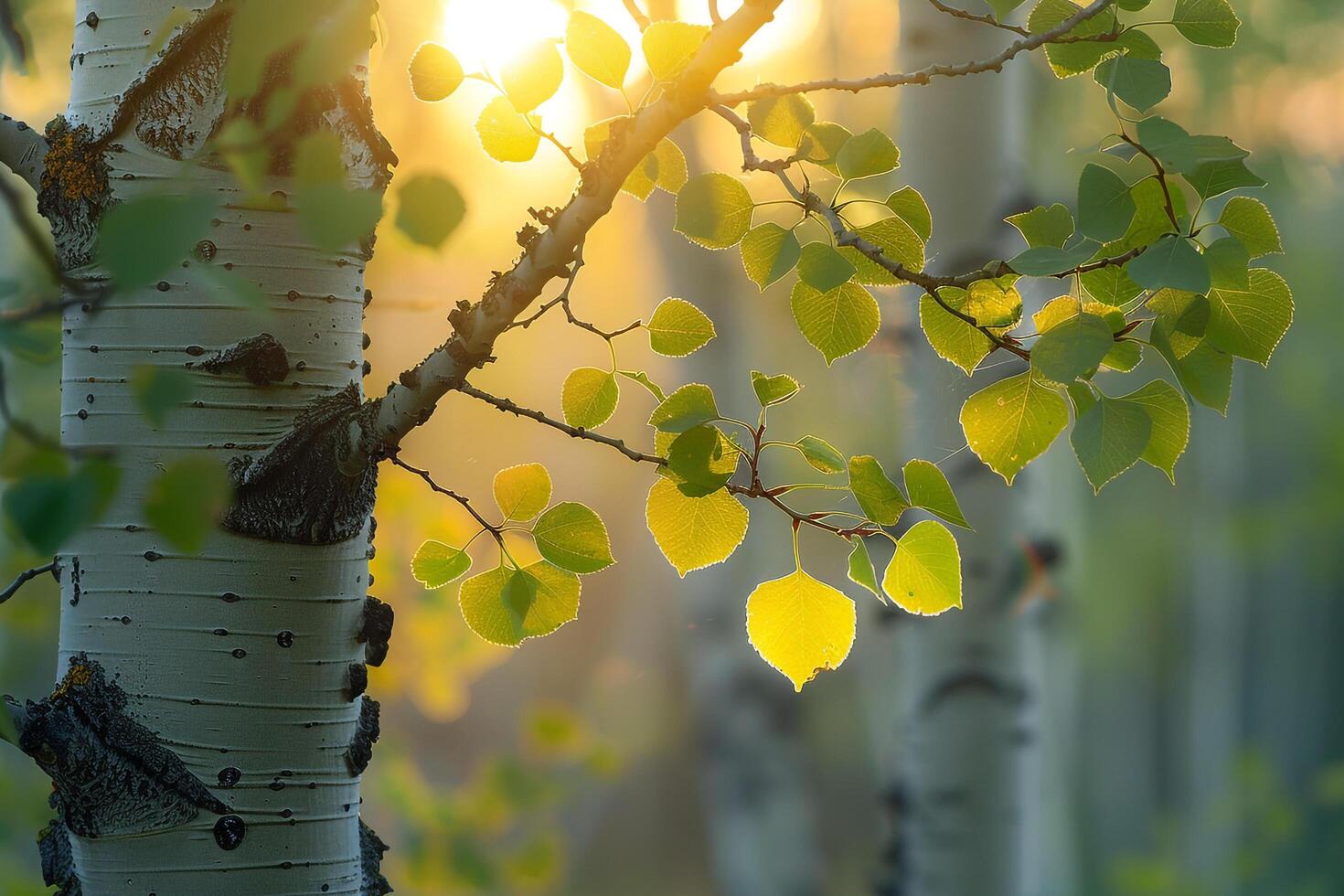 aspen tree with yellow leaves in the sun background photo