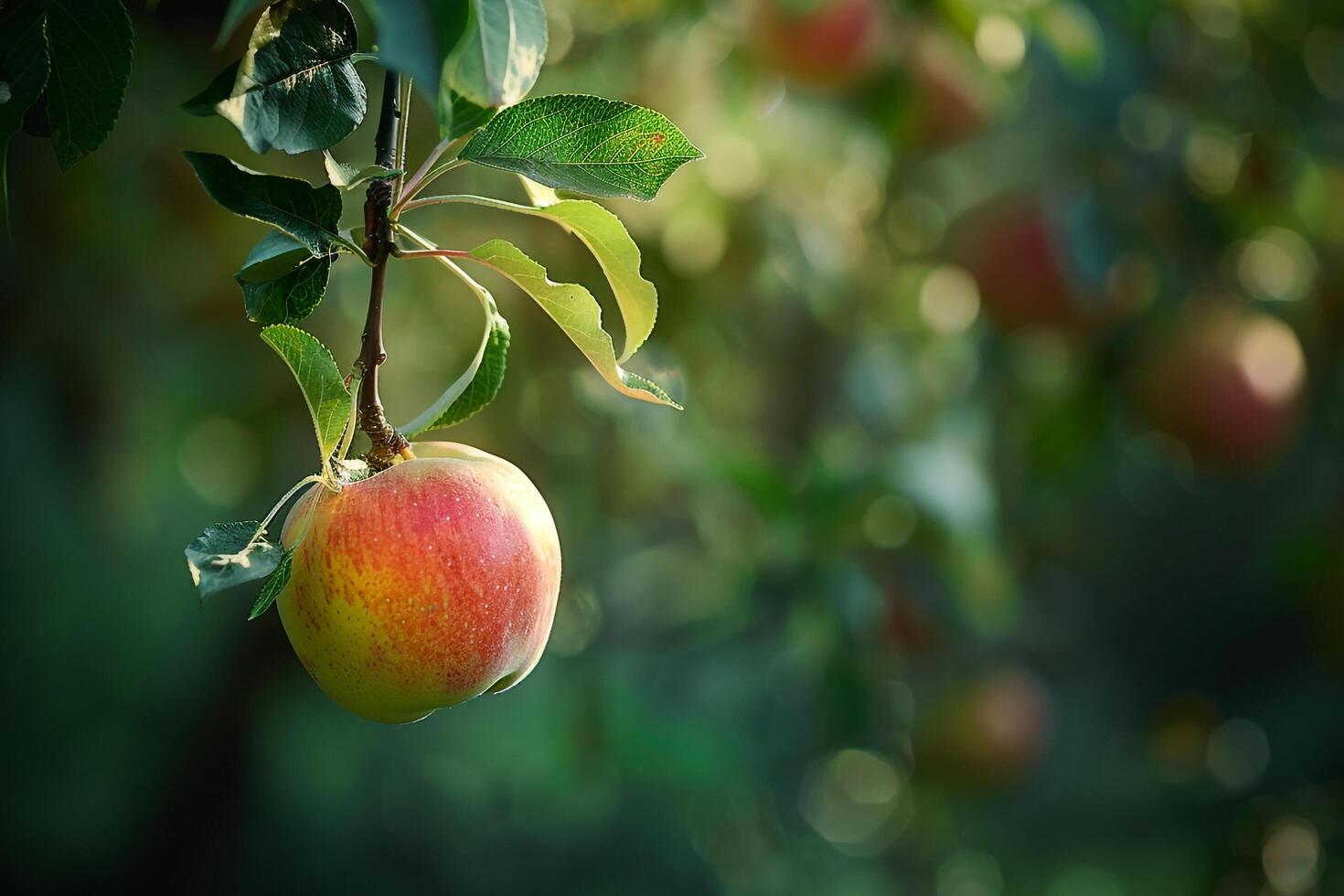an apple hanging from a tree with leaves background photo