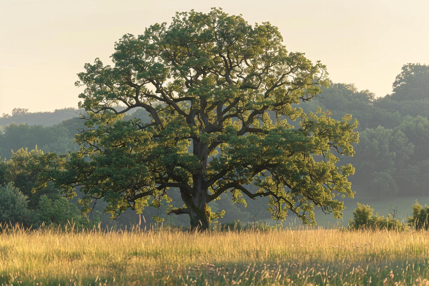 a large tree in a field background photo