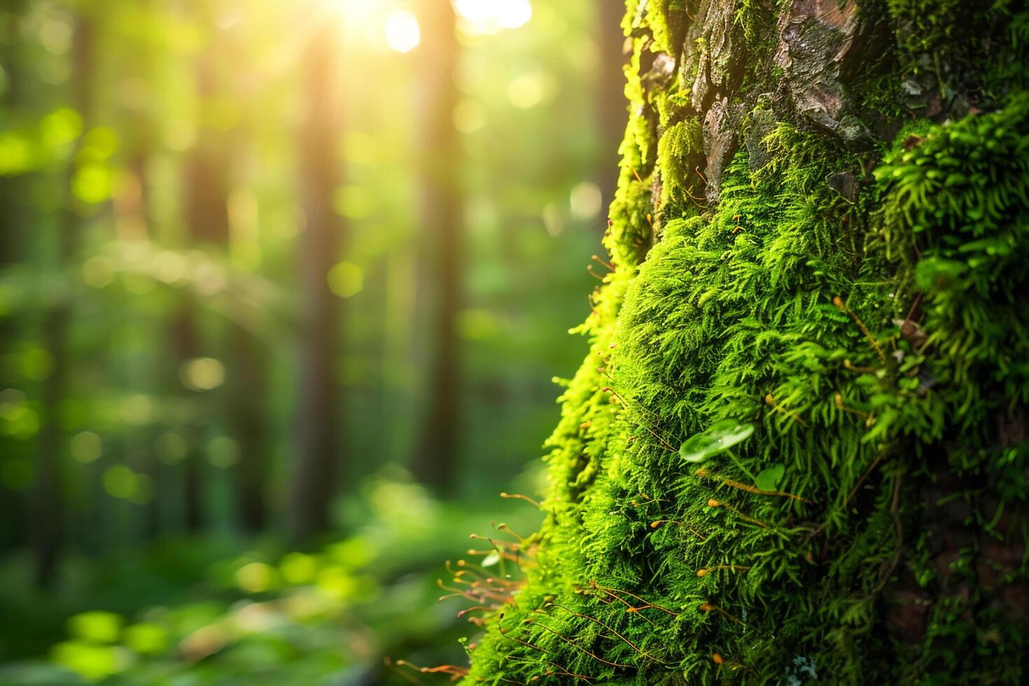 green moss on a tree trunk in the forest background photo