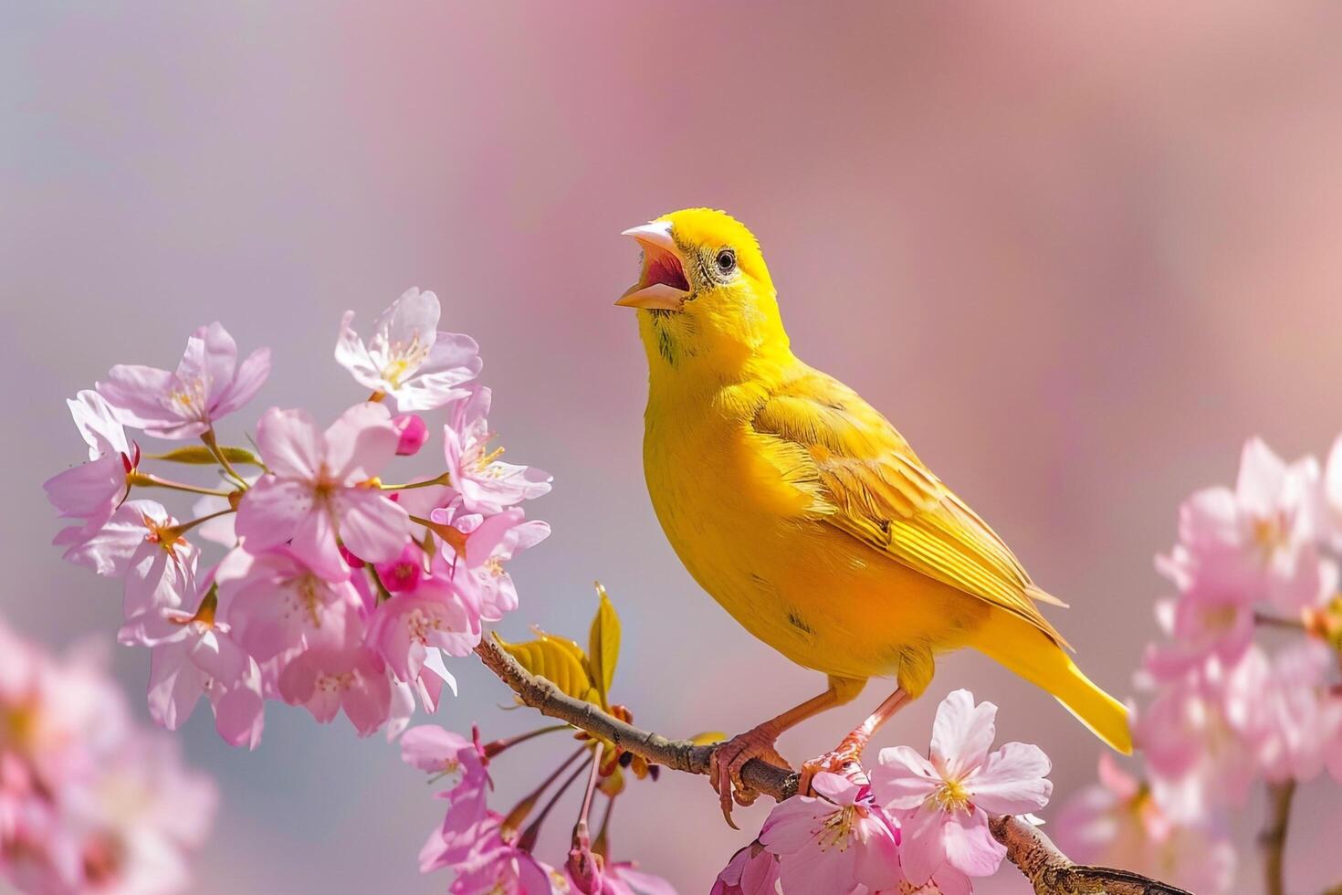 a yellow bird is singing on a branch of a cherry tree background photo