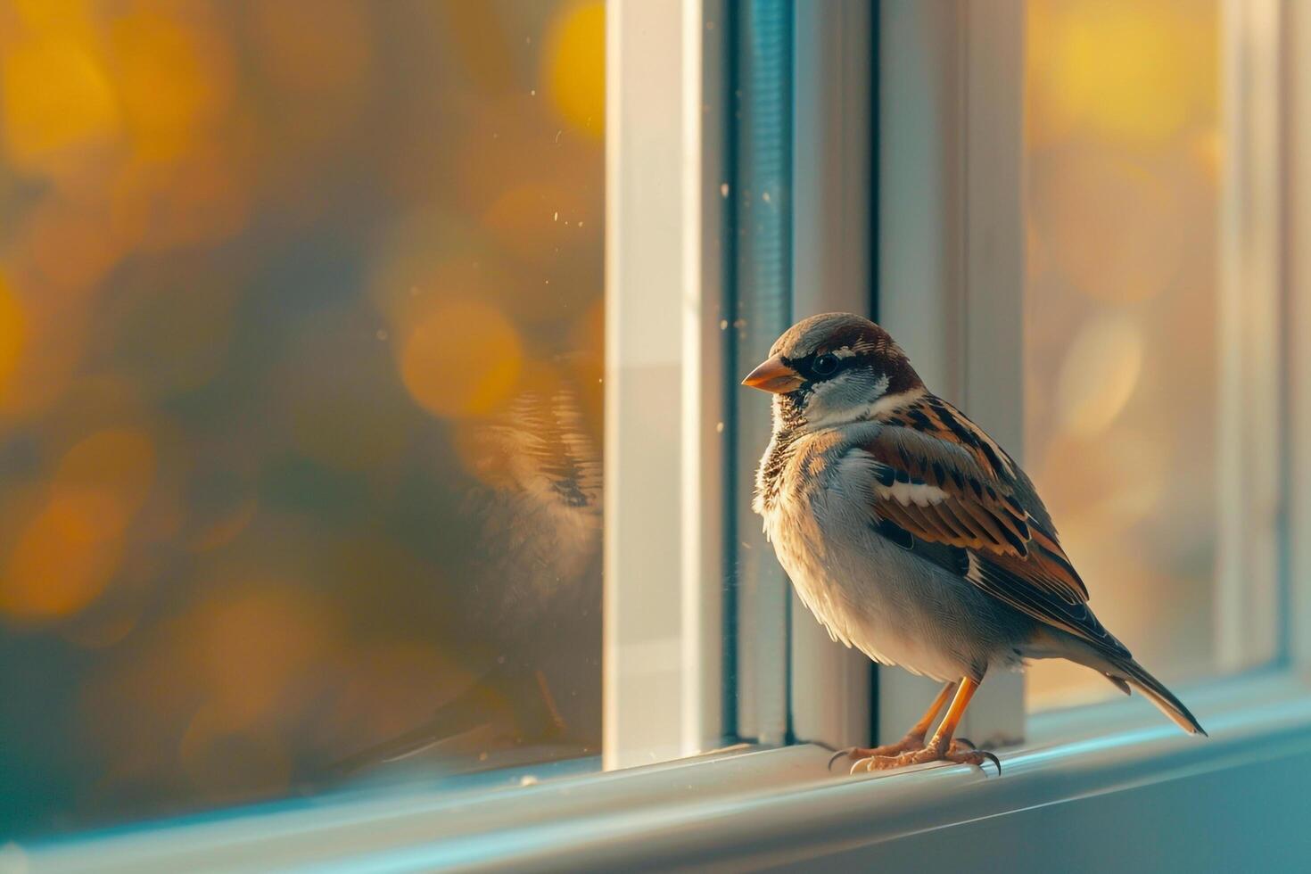 a small bird is sitting on a window sill background photo