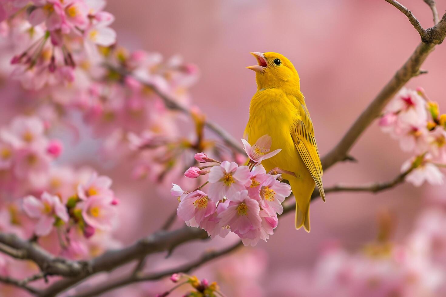 canary in the cherry tree background photo