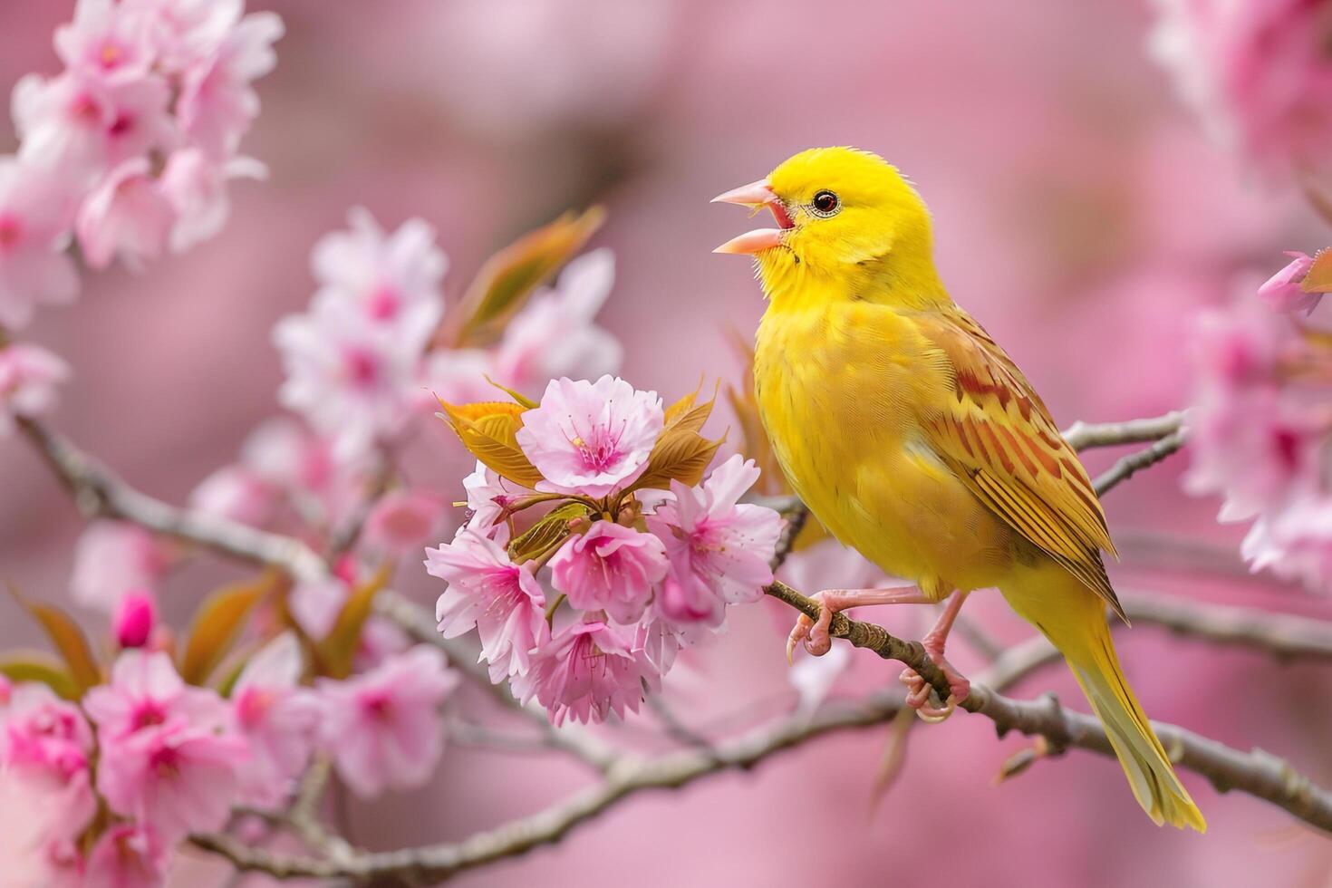 canary in the cherry tree background photo