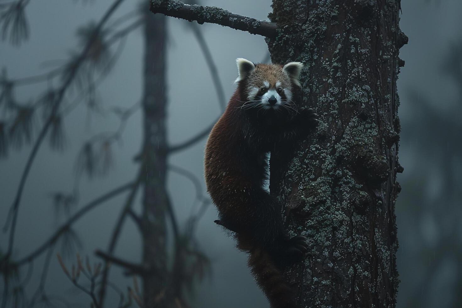 a red panda climbing up a tree in the fog background photo