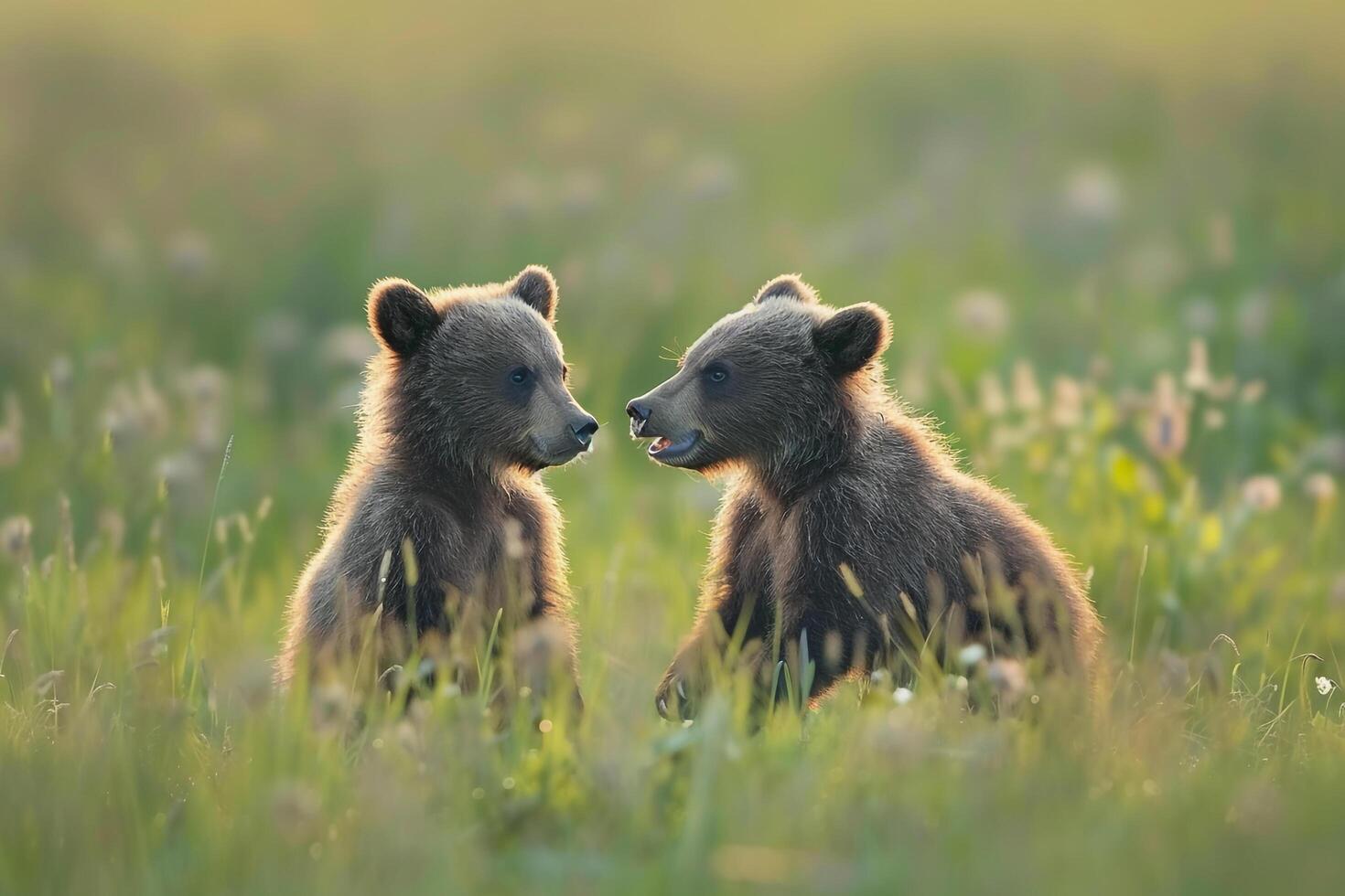 two brown bears sitting in the grass background photo
