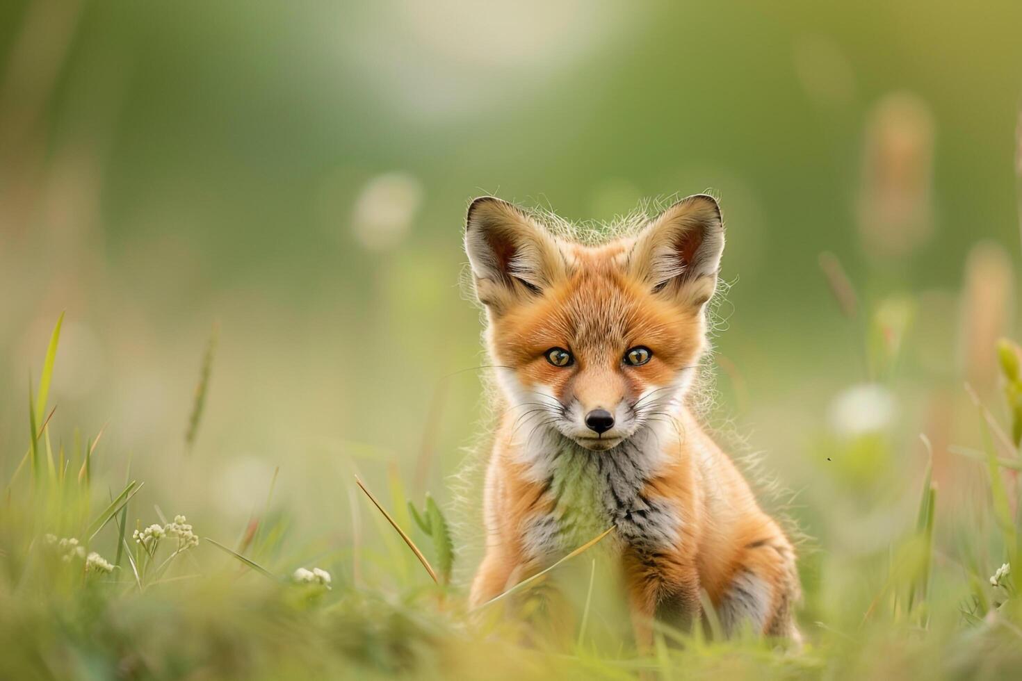 a young fox sitting in the grass background photo