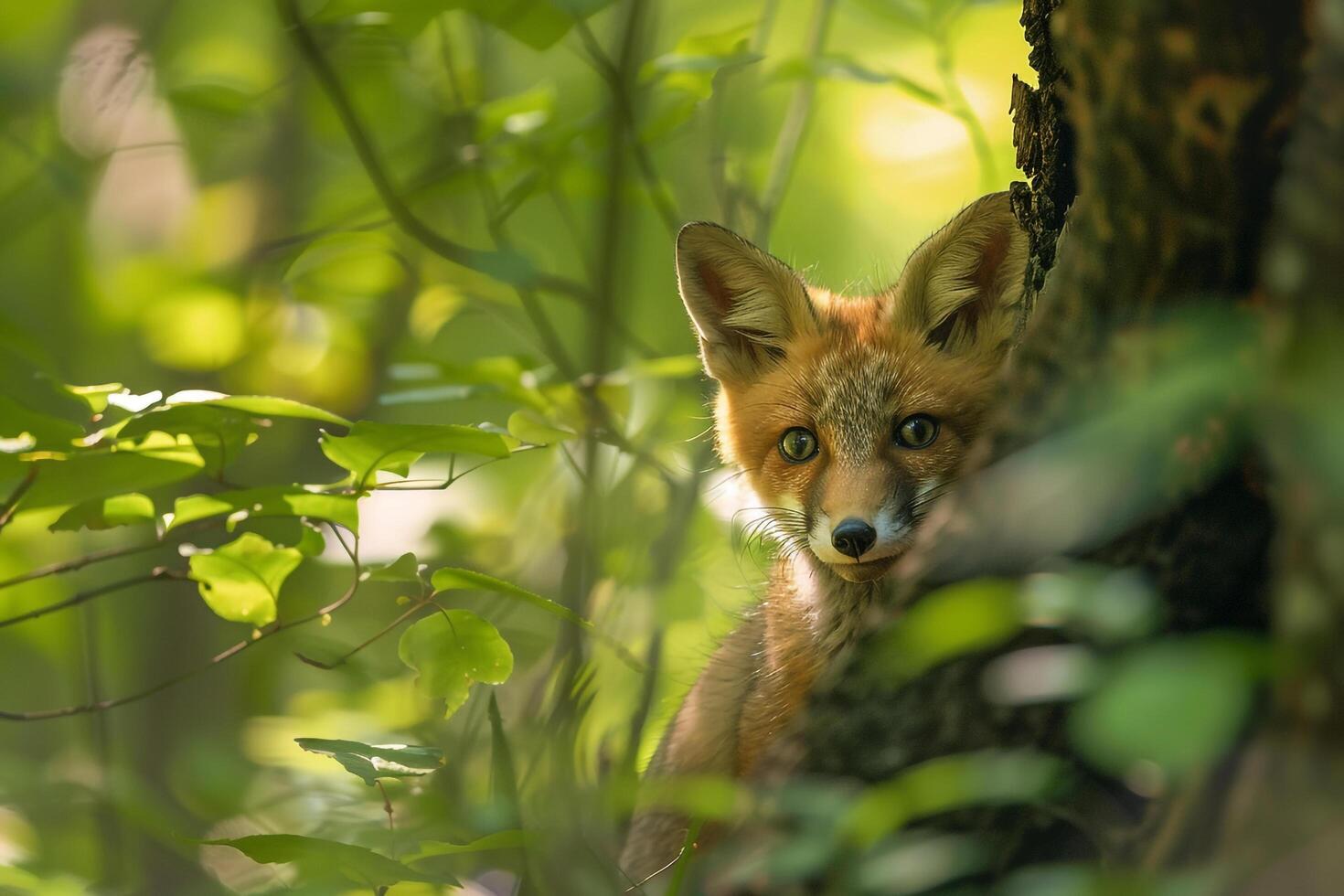 a fox peeks out from behind a tree background photo