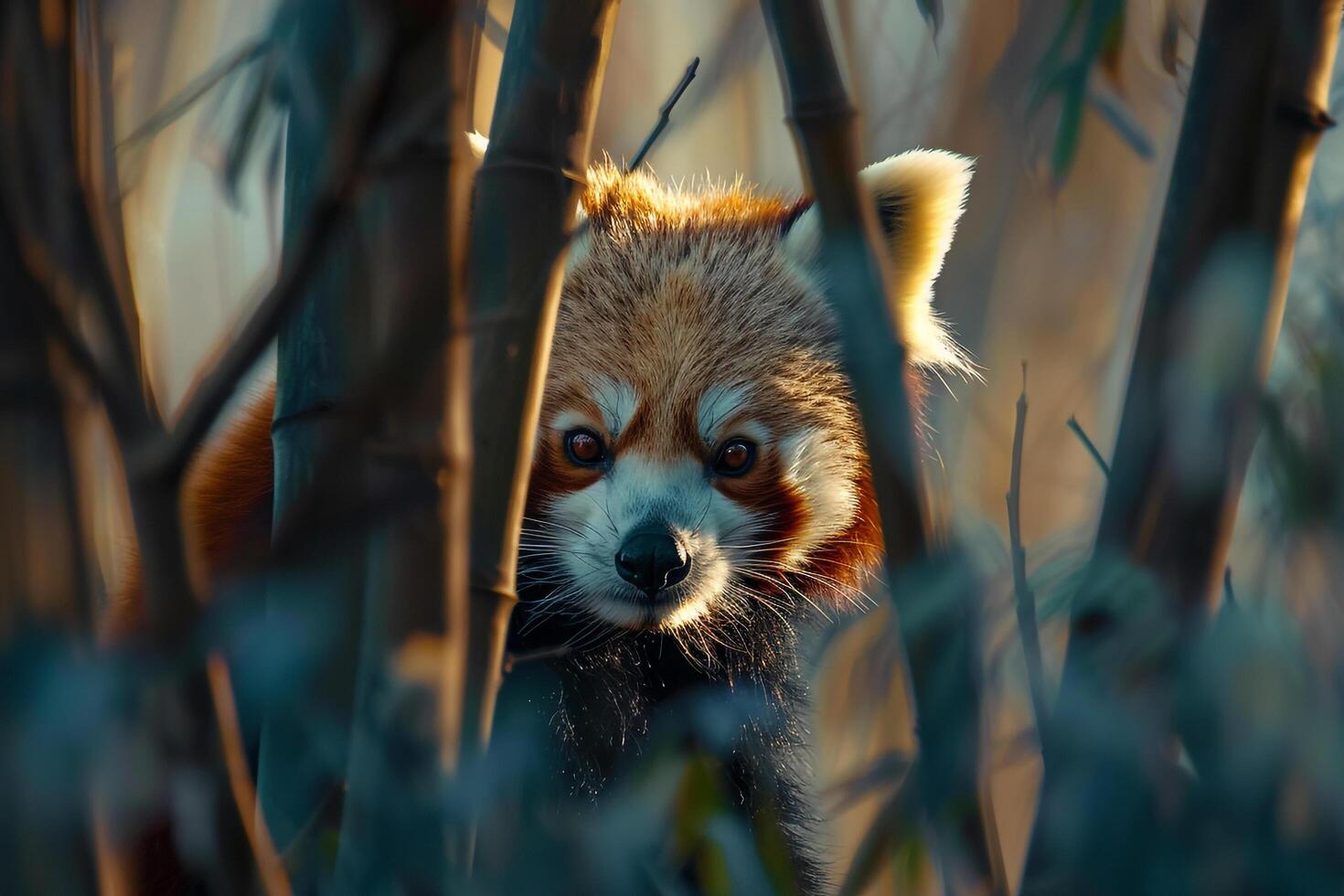 a red panda is hiding behind some bamboo background photo