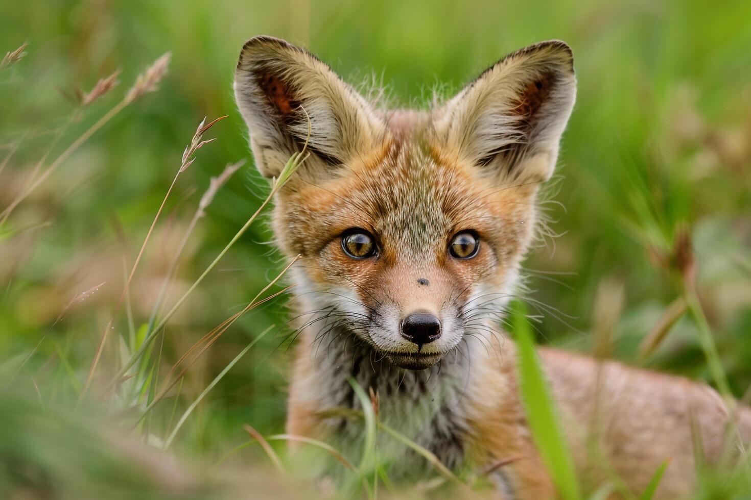 a young fox looking at the camera in the grass background photo