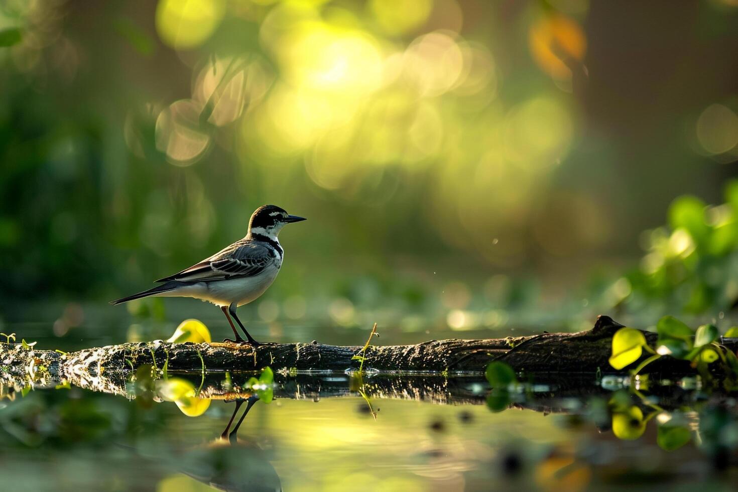 a bird is standing on a log in the water background photo