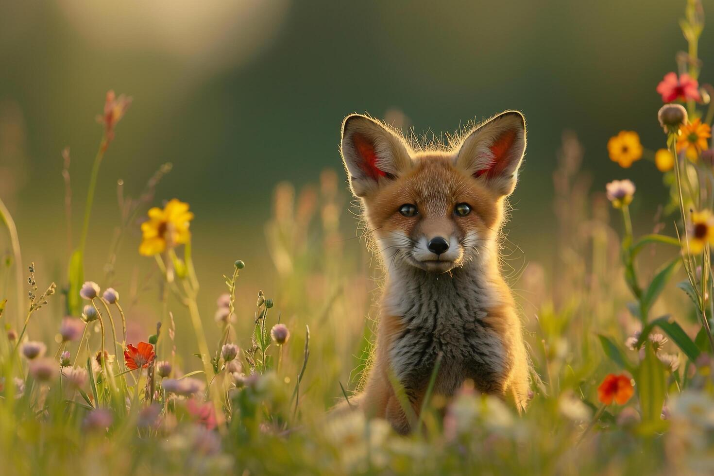 a fox sits in a field of flowers background photo