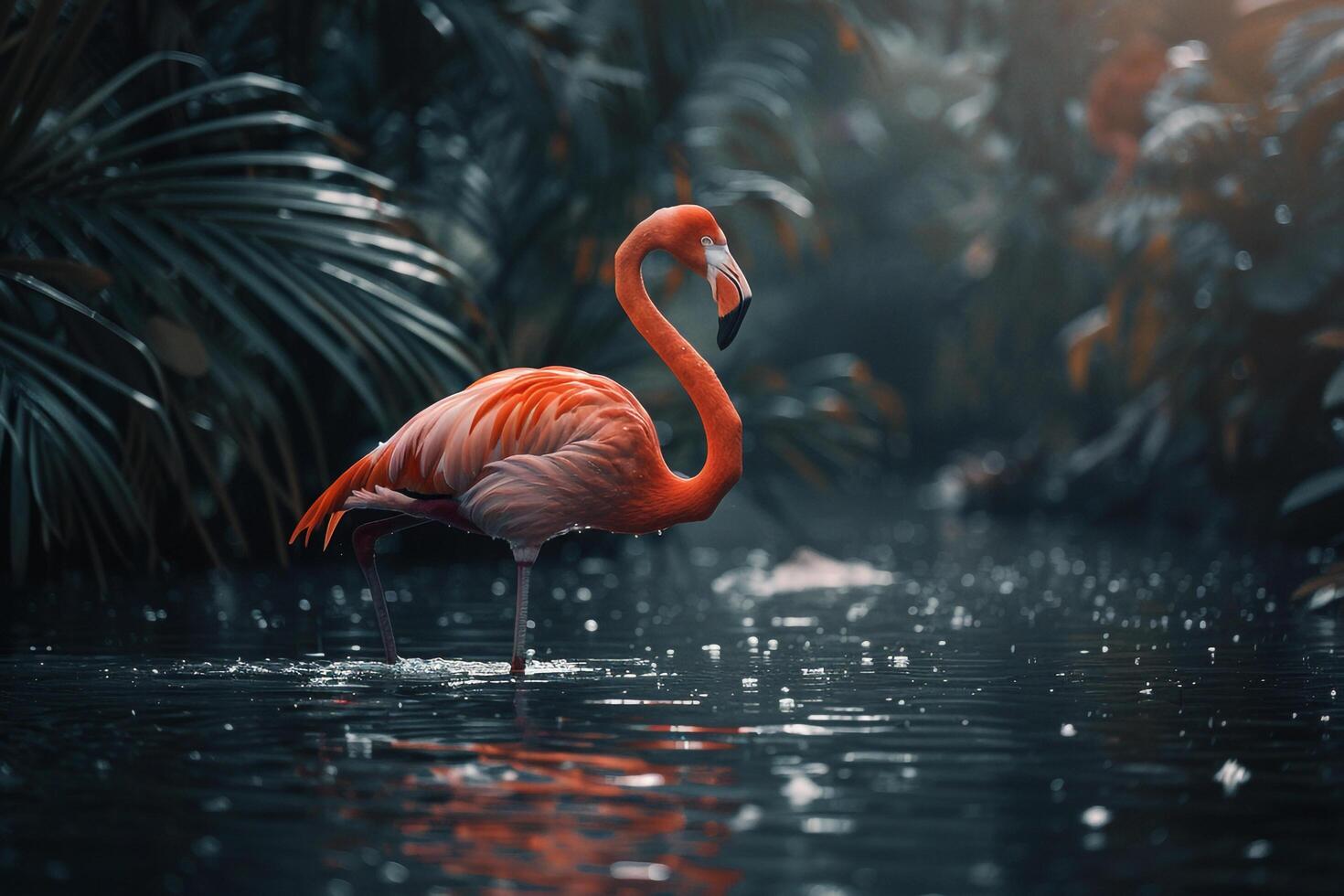 a flamingo is standing in the water with leaves background photo