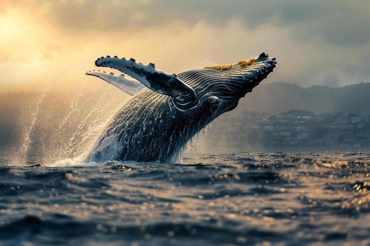 a humpback whale is jumping out of the water background photo