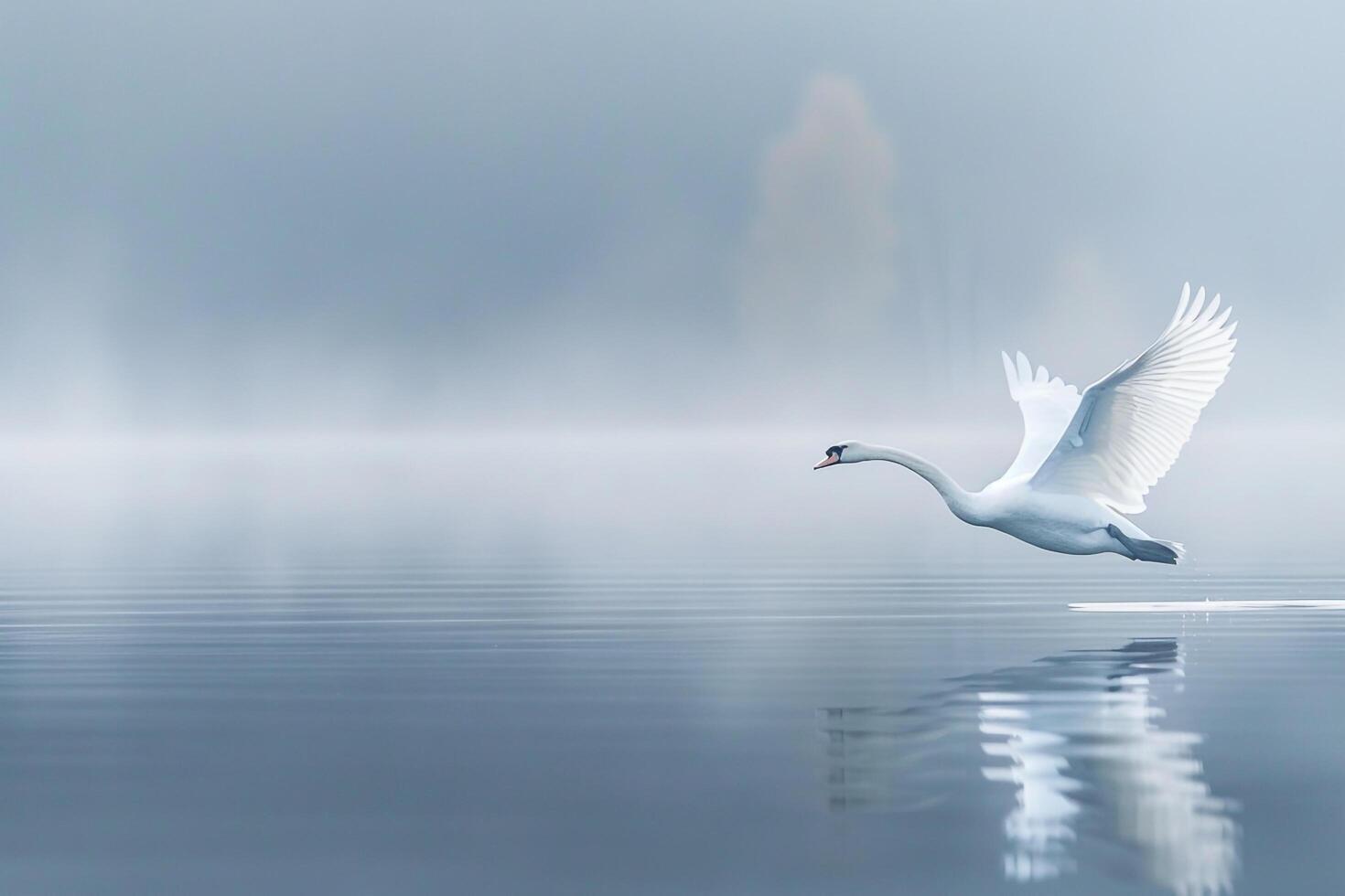 white swan flying over the water on a foggy day background photo