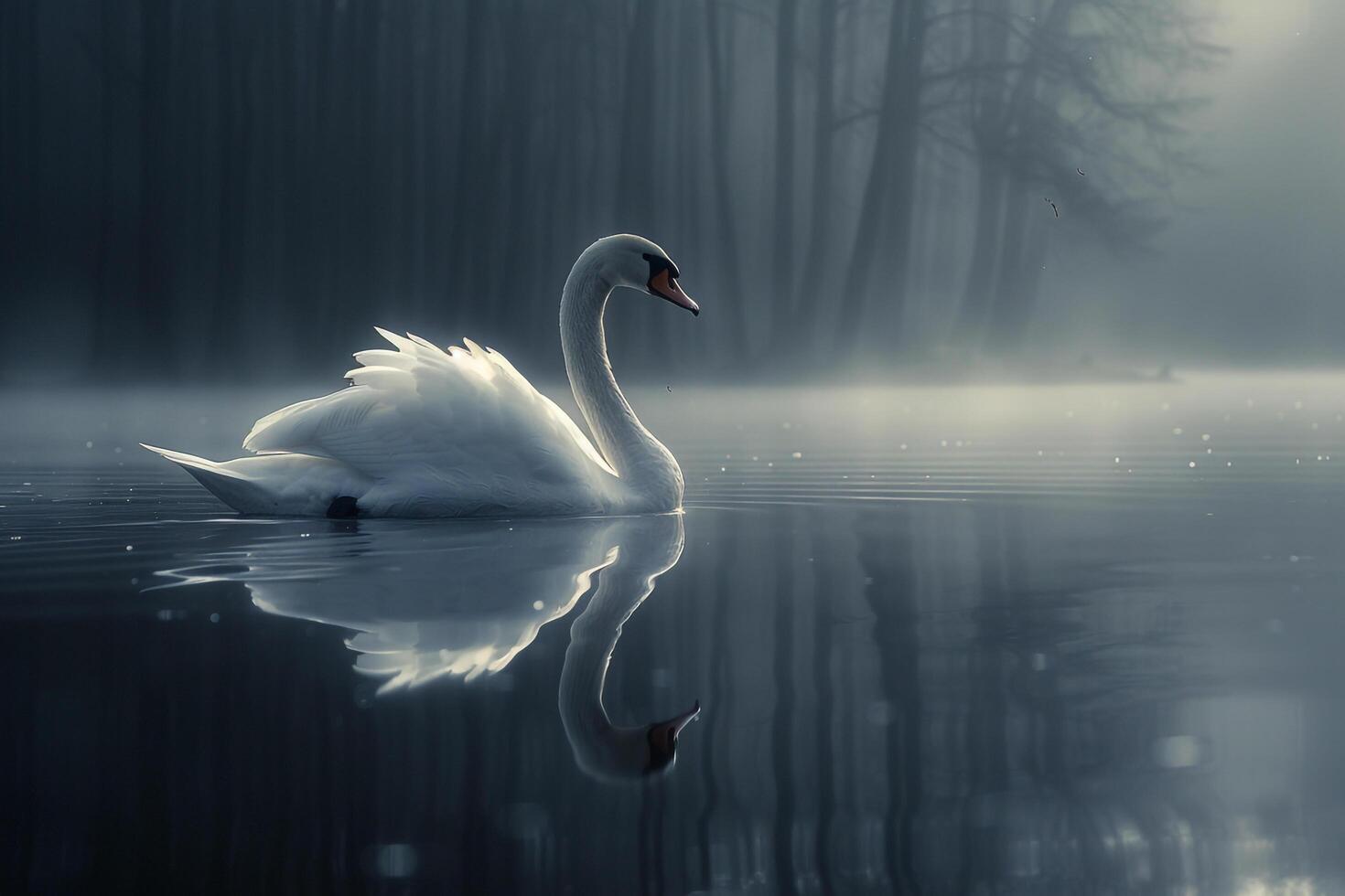 a swan is floating on the water in a foggy forest background photo
