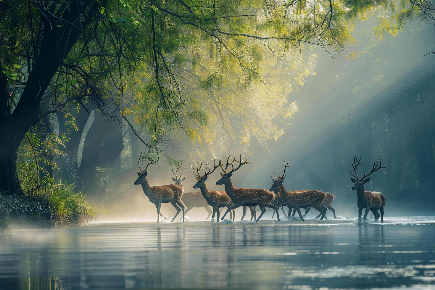 a herd of deer crossing a river in the morning background photo