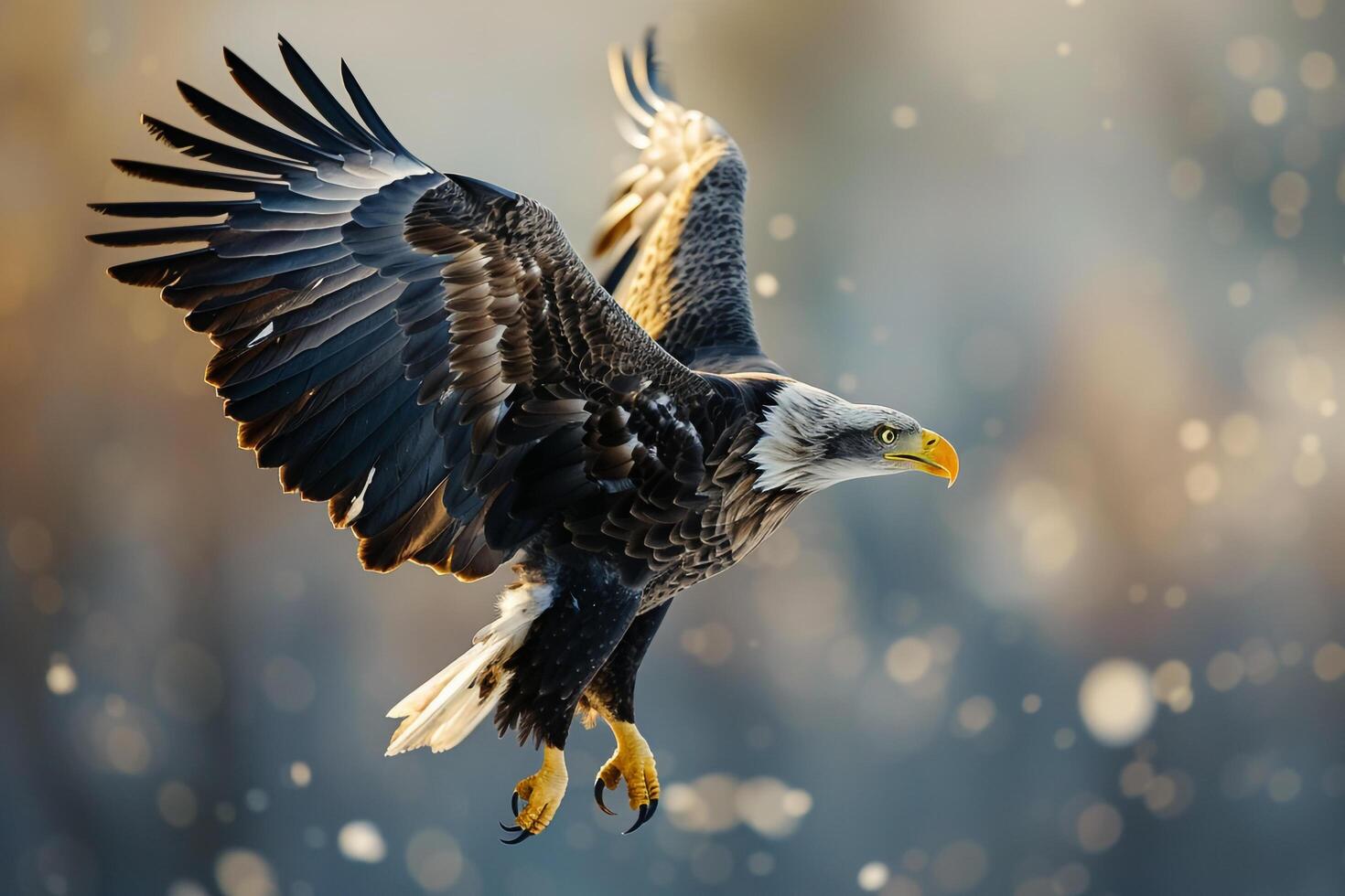 an eagle is flying in the air with its wings spread background photo