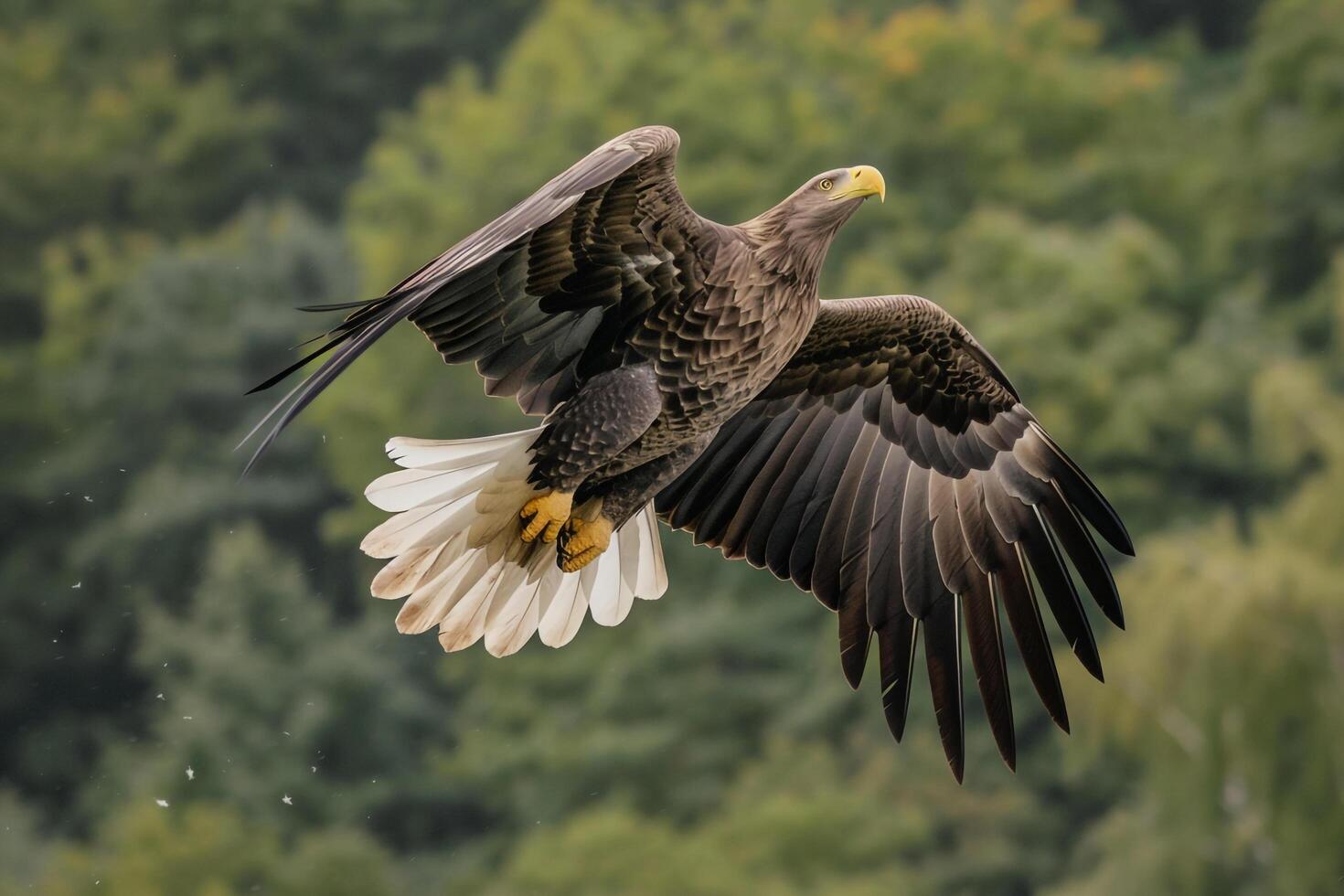 an eagle is flying over a forest background photo