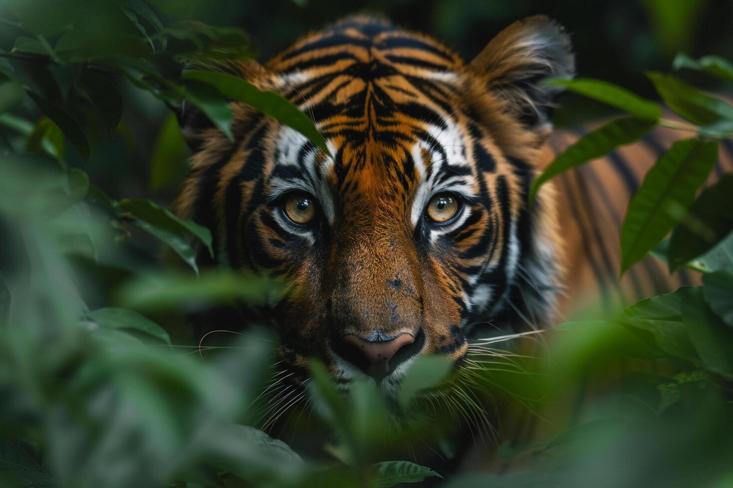 a tiger is hiding in the bushes background photo