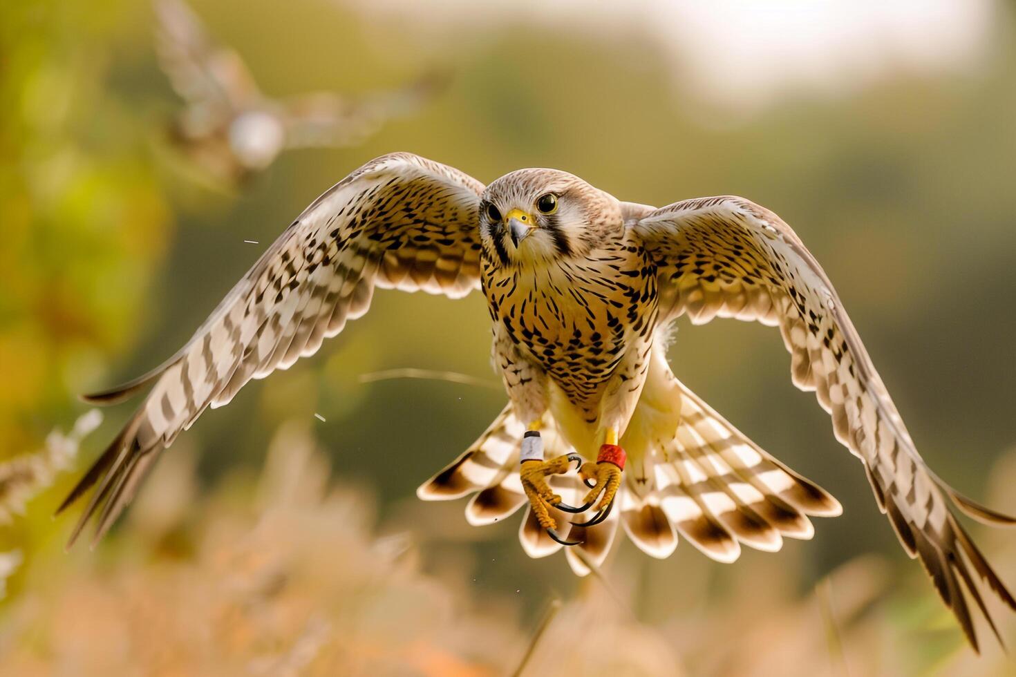 a bird of prey flying over a field of grass background photo