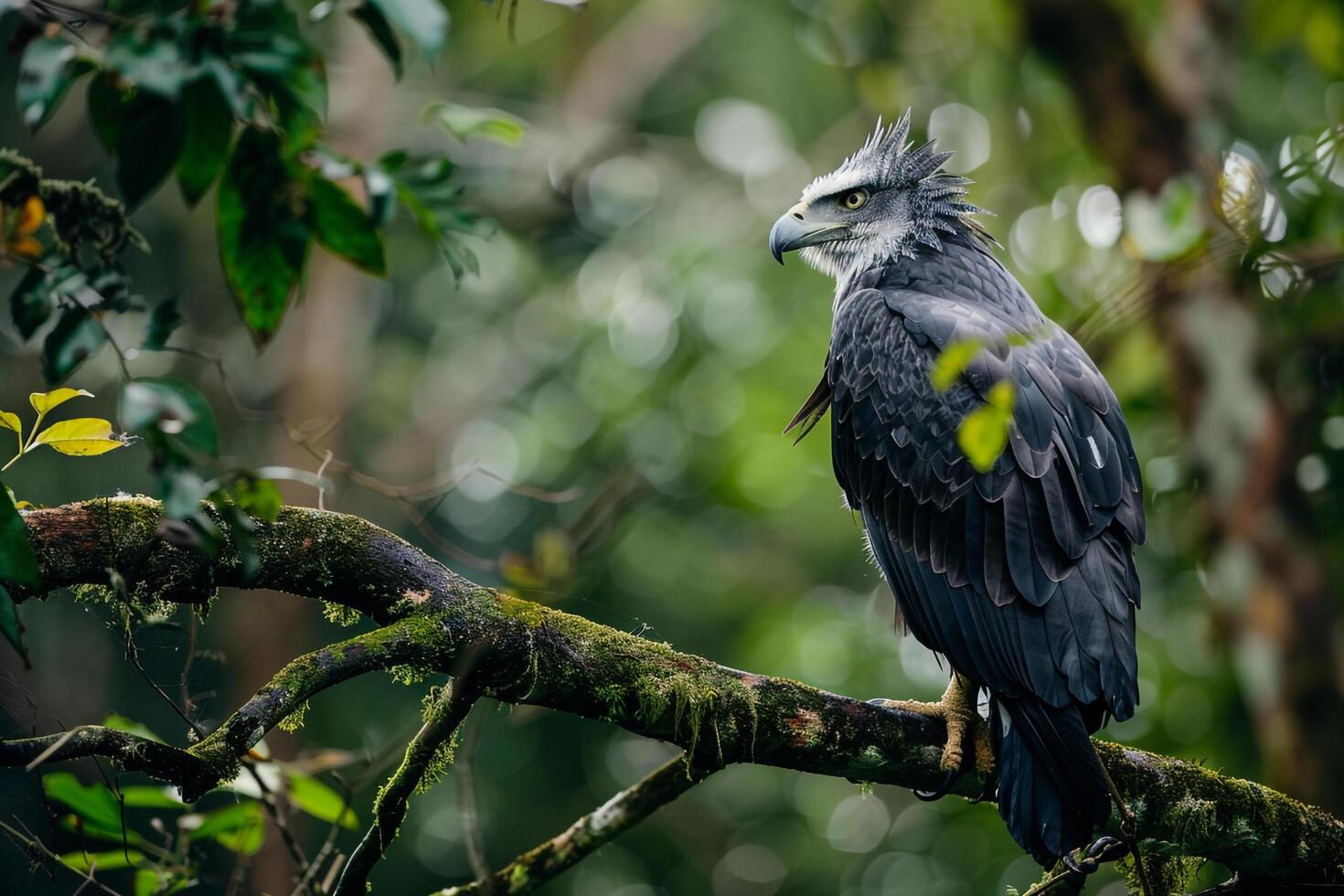 a large bird is perched on a branch in the forest background photo