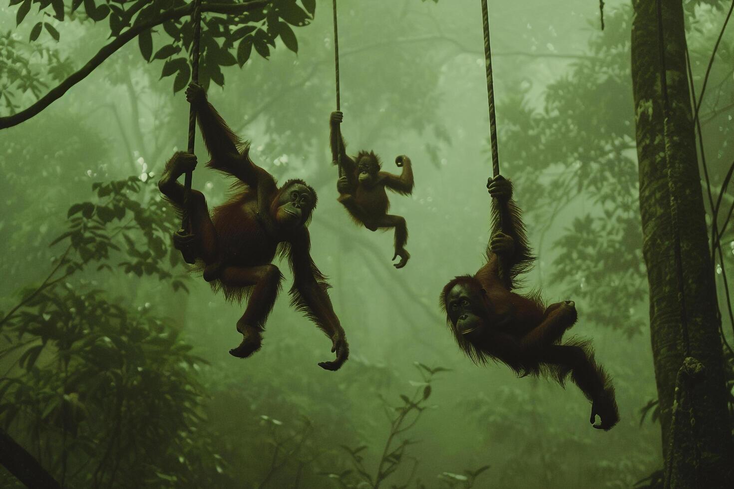 three orangutans hanging from trees in the jungle background photo