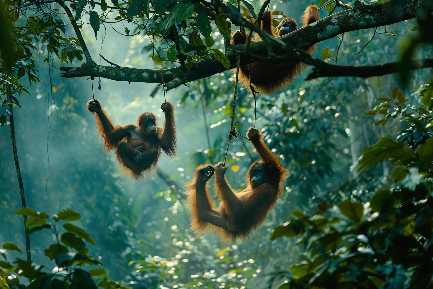 orangutans hanging from trees in the jungle background photo
