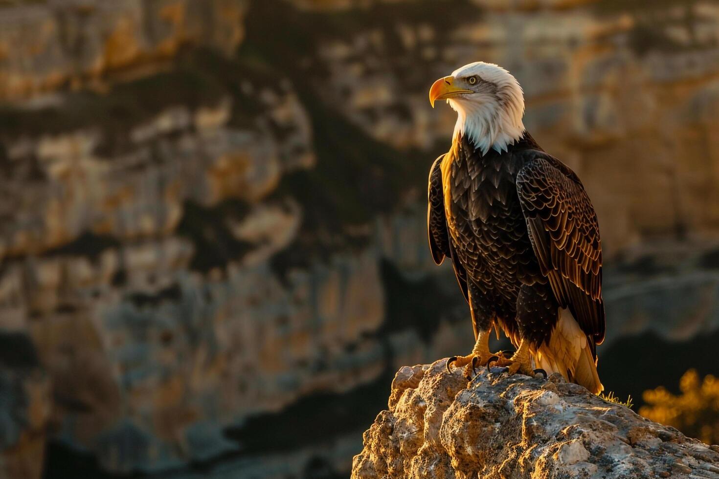 a bald eagle perched on a rock overlooking a canyon background photo